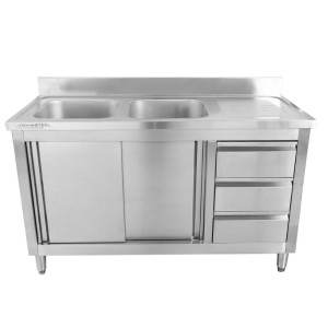 Meuble Plonge 2 Bacs com Backsplash e 3 Gavetas - 1400 x 600 mm - Bac à Esquerda - Dynasteel