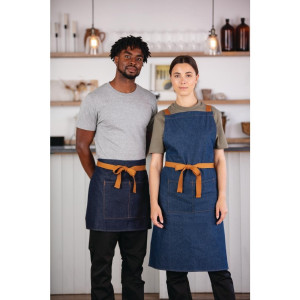 Blue Denim Server Apron with Ochre Cotton Belt 700 x 430 mm - Whites Chefs Clothing - Fourniresto