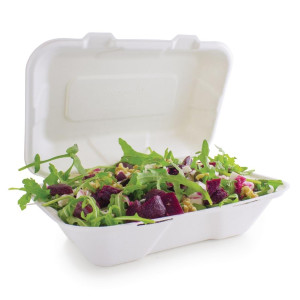 Caixas de refeição em bagaço com tampa articulada - L 228mm - Conjunto de 200 - Vegware