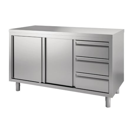 Móvel em inox com portas de correr e 3 gavetas à esquerda - L 1600 x P 700mm - Gastro M