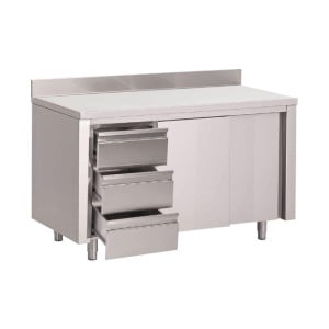 Mesa Armário em Aço Inoxidável com Respaldo 3 Gavetas à Esquerda e Portas Deslizantes - L 2000 x P 700mm - Gastro M