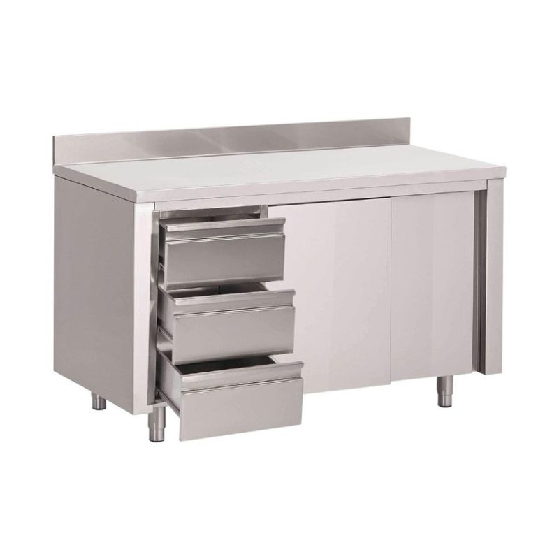 Mesa Armário em Aço Inoxidável com Respaldo 3 Gavetas à Esquerda e Portas de Correr - L 1400 x P 700 mm - Gastro M