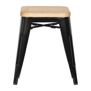 Tabourets Bistro Bas en Acier Noir avec Assise en Bois - Lot de 4 - Bolero