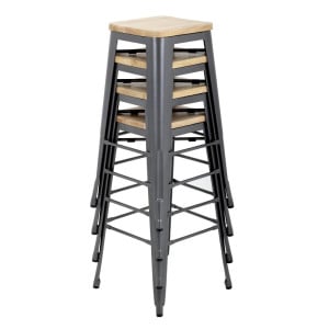 Tabouret Bistro Haut en Acier Gris avec Assise en Bois - Lot de 4 - Bolero