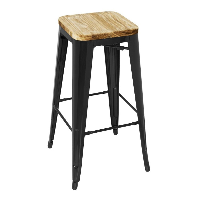 Taburete Bistro Alto em Aço Preto com Assento em Madeira - Conjunto de 4 - Bolero