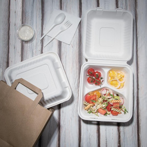 Caixas 3 Compartimentos de Bagasse Compostáveis 201mm - Pacote com 200