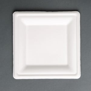 Compostable square plates made of bagasse 204mm - Pack of 50, eco-friendly and recyclable.