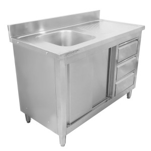 Meuble Plonge 1 Bac com Backsplash e 3 Gavetas - 1200 x 600 mm - Bac à Esquerda - Dynasteel