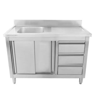 Meuble Plonge 1 Bac com Backsplash e 3 Gavetas - 1200 x 600 mm - Bac à Esquerda - Dynasteel