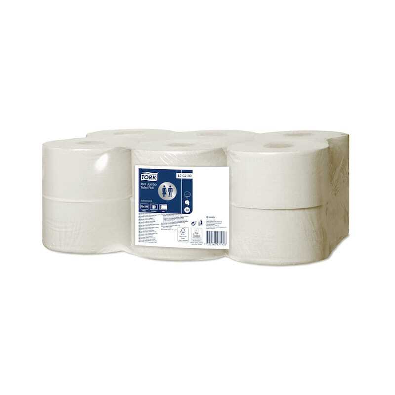 Mini jumbo advanced white toilet paper - Pack of 12 from Tork, economical and efficient.