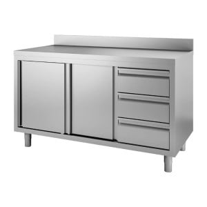 Table Armoire en Inox avec Dosseret 3 Tiroirs À Droite et Portes Coulissantes - L 1200 x P 700mm - Gastro M