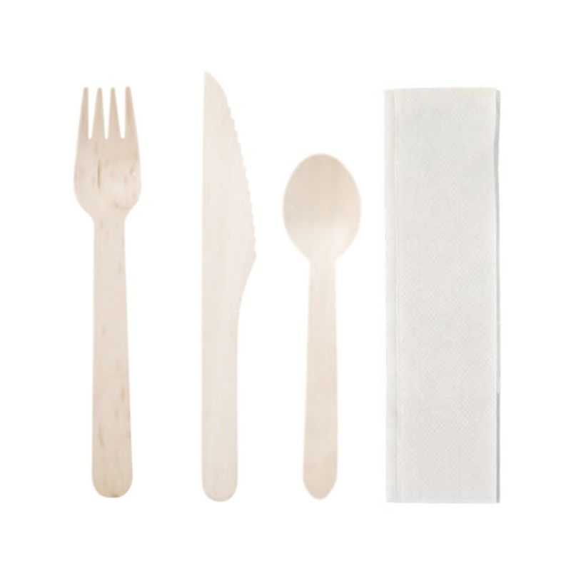 Birch Cutlery - 4-Piece Set: Knife, Fork, Spoon, Napkin - Pack of 250