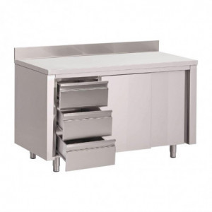 Stainless Steel Cabinet Table With Backsplash 3 Drawers On The Left And Sliding Doors - W 1000 x D 700mm - Gastro M
