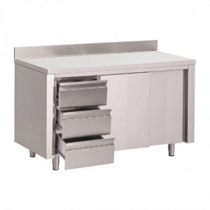 Mesa Armário em Inox com Backsplash 3 Gavetas à Direita e Portas Deslizantes - L 1200 x P 700mm - Gastro M