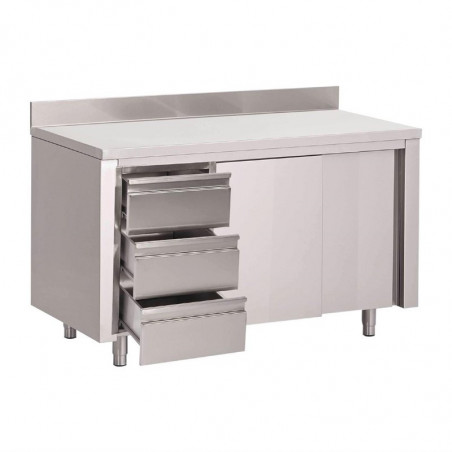 Stainless Steel Cabinet Table With Backsplash 3 Drawers On The Left And Sliding Doors - W 1400 x D 700 mm - Gastro M