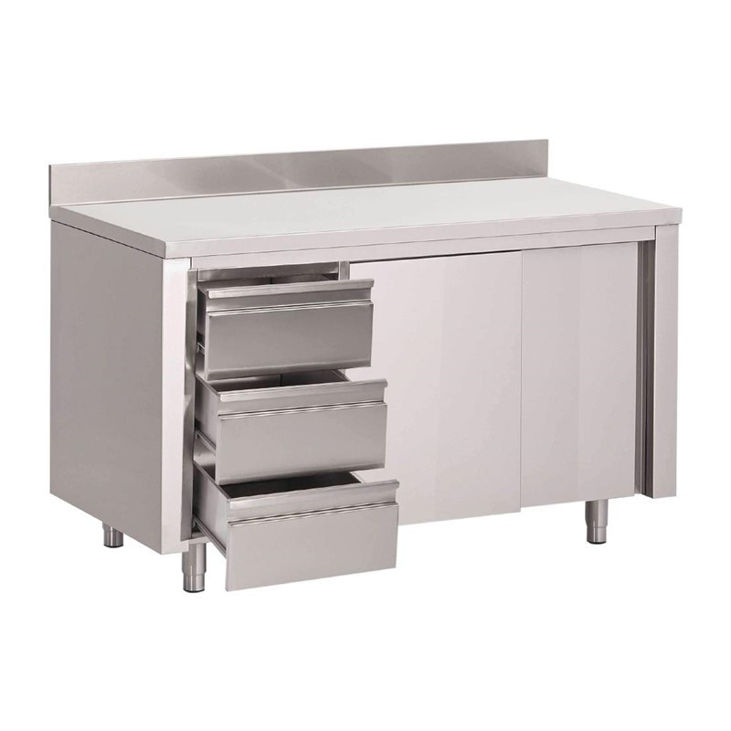 Stainless Steel Cabinet Table With Backsplash 3 Drawers On The Left And Sliding Doors - W 1600 x D 700mm - Gastro M