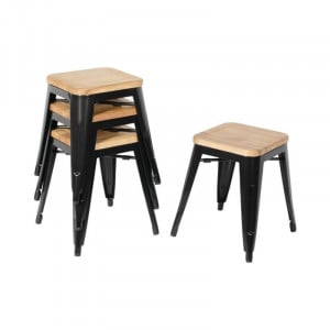 Taburetes Bistro Baixos em Aço Preto com Assento em Madeira - Conjunto de 4 - Bolero