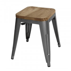 Taburetes Bistro Baixos em Aço Cinza Metal com Assento em Madeira - Conjunto de 4 - Bolero
