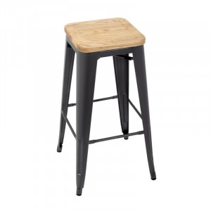 High Bistro Stool in Grey Steel with Wooden Seat - Set of 4 - Bolero