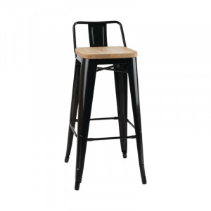 High Stools with Backrest and Wooden Seat - Black - Set of 4 - Bolero