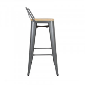 High Stools with Backrest and Wooden Seat - Metallic Grey - Set of 4 - Bolero