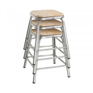 Low Galvanized Steel Stool with Wooden Seat Cantina - Set of 4 - Bolero