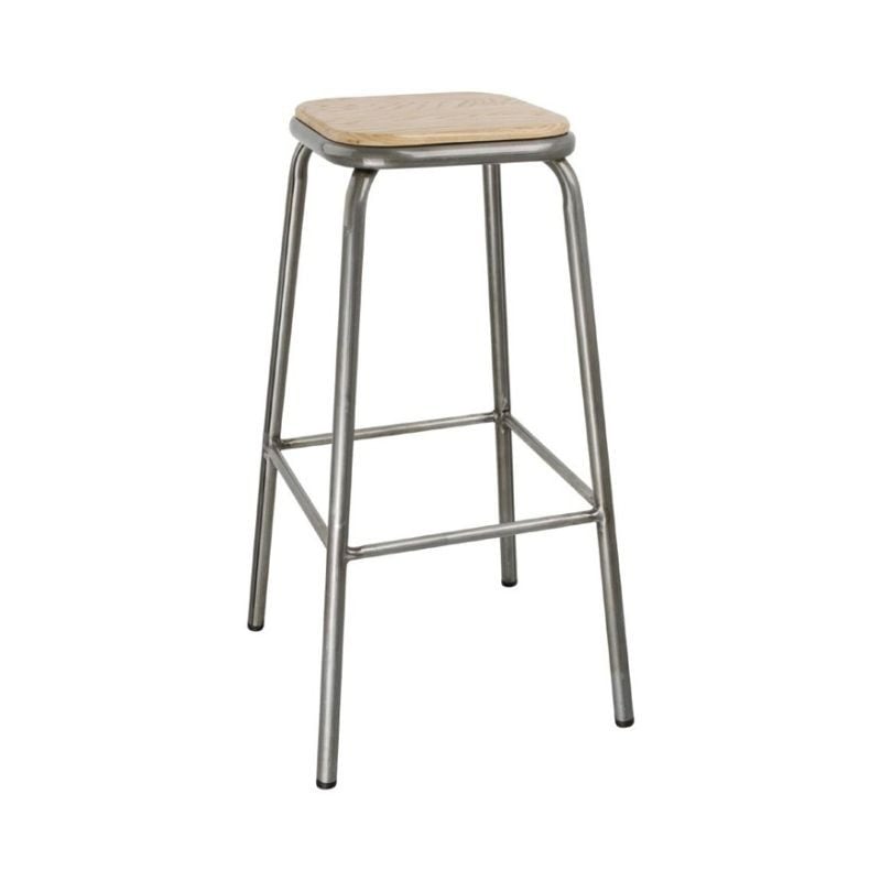 High Galvanized Steel Stool with Wooden Seat - Set of 4 - Bolero