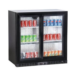 Compact refrigerated back bar with 2 glass doors for restaurant, bar, brewery.