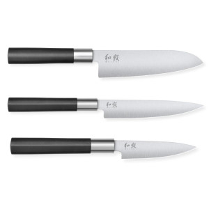 Set of 3 Wasabi Black Knives - Universal Office and Santoku from KAI: quality, performance, and precision in the kitchen.