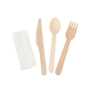 4-Piece Set - Dynasteel Wooden Cutlery: Knife, Fork, Large Spoon, Napkin - Pack of 500