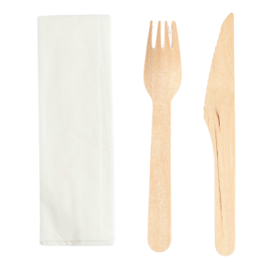 Wooden Cutlery Set 3 Pieces: Knife, Fork, Napkin - Pack of 250 - Dynasteel