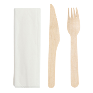 Wooden Cutlery Set 3 Pieces: Knife, Fork, Napkin - Pack of 250 - Dynasteel