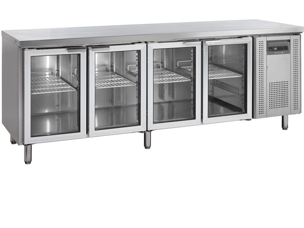 Mesa Refrigerada com Backsplash em Inox - 4 Portas de Vidro - GN 1/1
