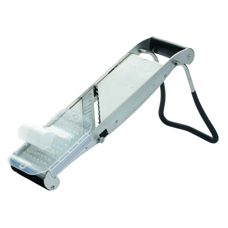 Mandolina Profissional em Aço Inoxidável com Empurrador e Pé Ergonômico - 2 Pentes Desfiadores