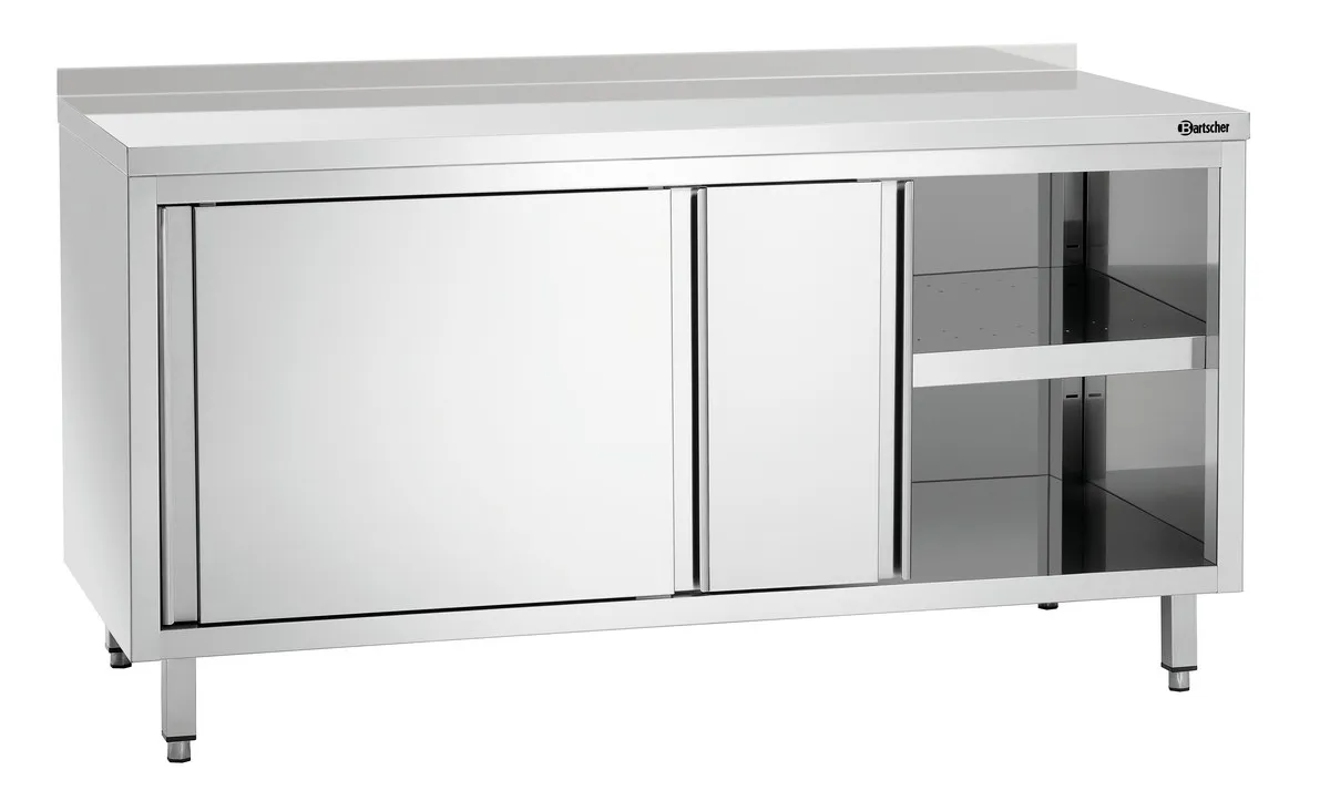 Móvel em inox com portas de correr, prateleira e painel traseiro - L 1600 mm