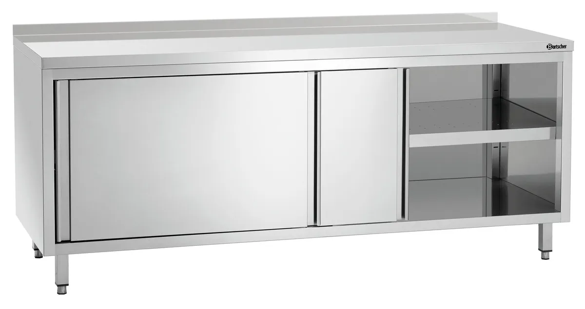 Móvel em aço inoxidável com portas de correr, prateleira e painel traseiro - L 2000 mm