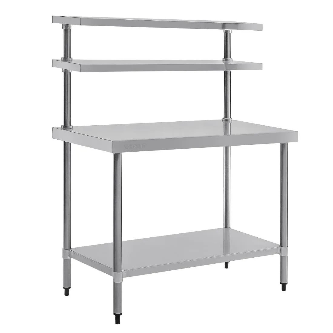 Mesa de aço inoxidável com prateleira e 2 prateleiras superiores - 1200 x 600 mm