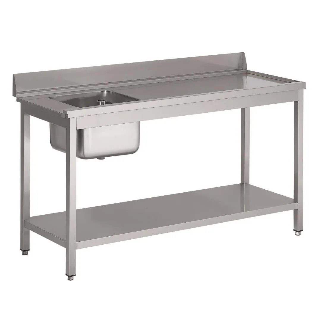 Mesa de entrada para lava-louças em aço inoxidável com cuba à esquerda, painel traseiro e prateleira inferior - L 1400 x P 700mm