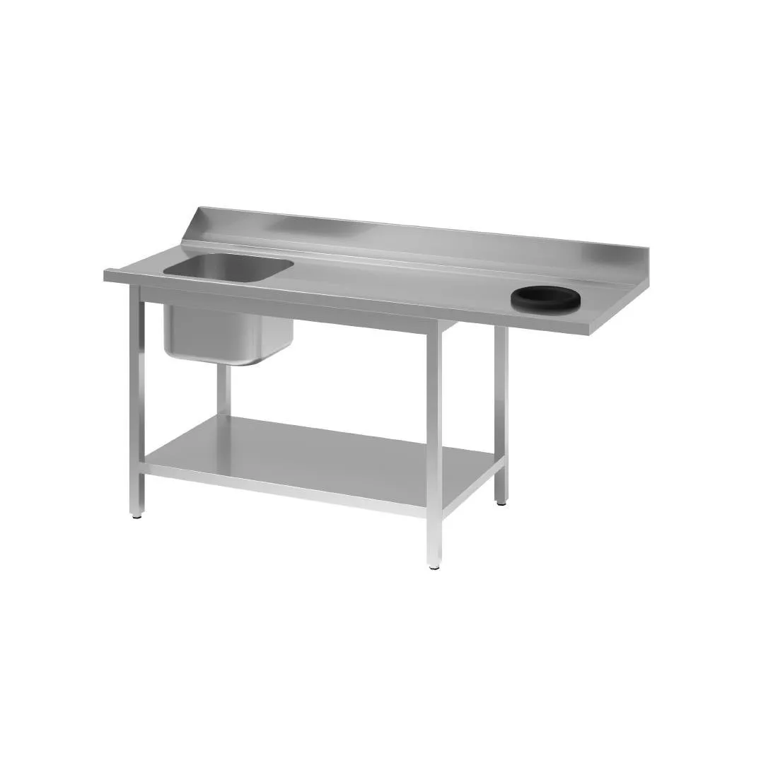 Mesa de entrada para lava-louças em aço inoxidável com cuba à esquerda, painel traseiro e prateleira inferior - L 1400 x P 700mm