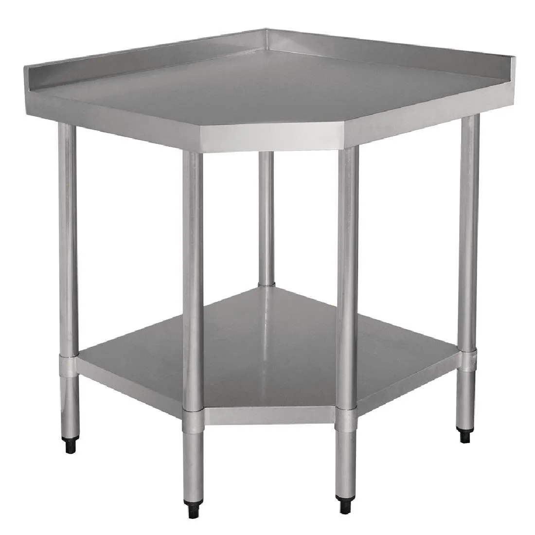 Mesa de canto em aço inoxidável com respaldo e prateleira - L 900 x 700 mm