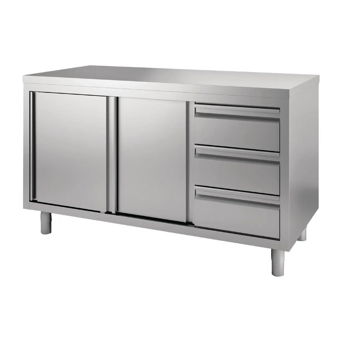Móvel em inox com portas de correr e 3 gavetas à esquerda - L 1600 x P 700mm
