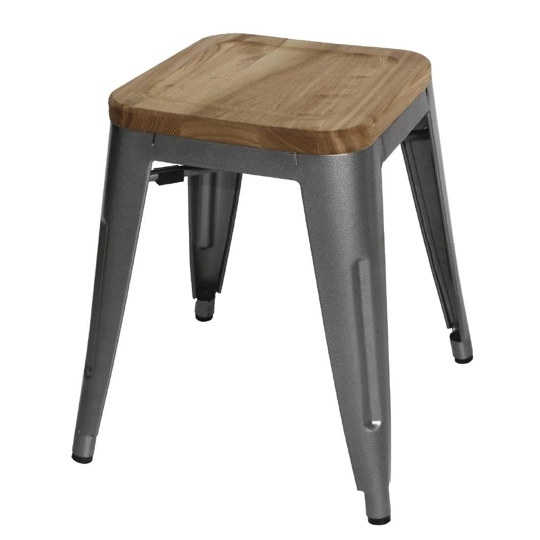 Taburetes Bistro Baixos em Aço Cinza Metal com Assento em Madeira - Conjunto de 4