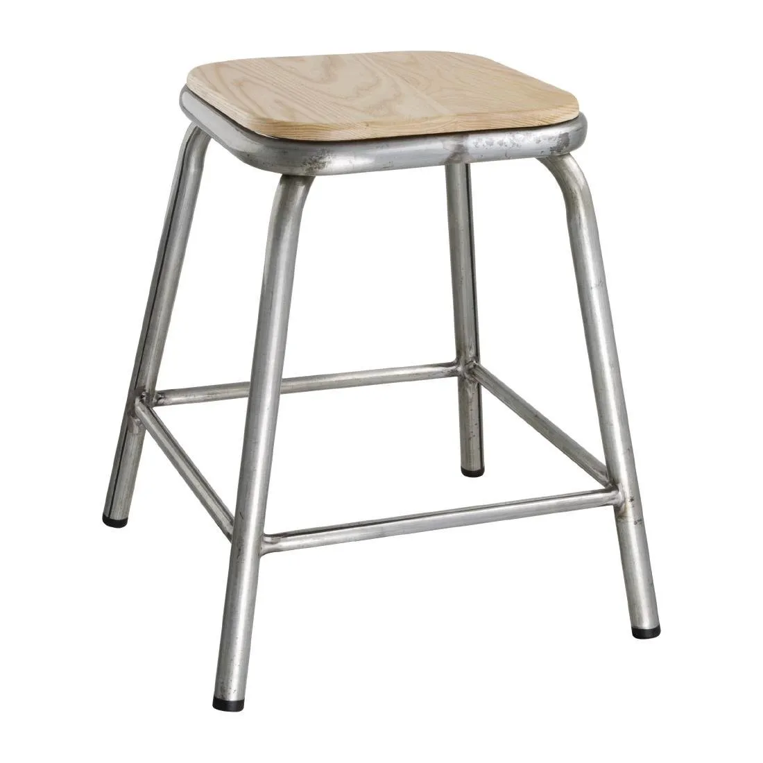 Banqueta baixa de aço galvanizado com assento de madeira Cantina - Conjunto de 4