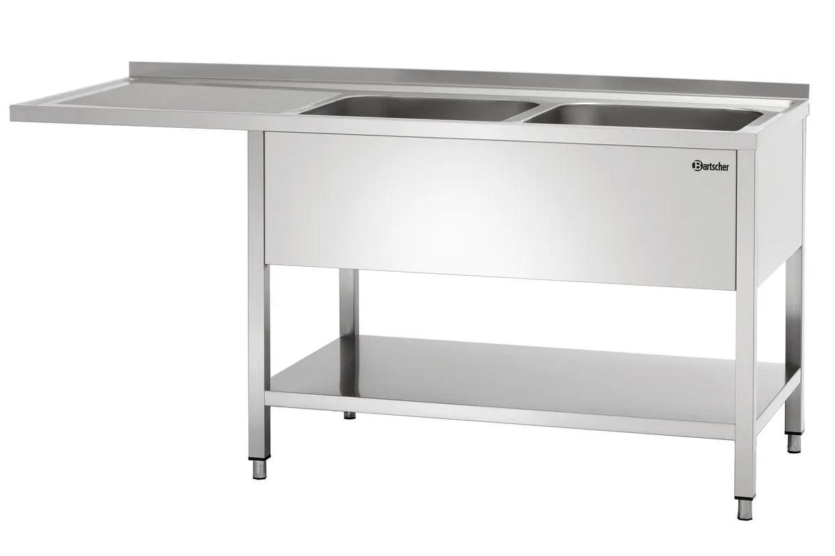 Bancada com 2 Cubas, Passagem para Máquina de Lavar Loiça, Espaldar e Prateleira Inferior - L 1800 x P 700 mm