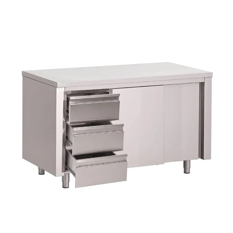 Móvel em inox com portas de correr e 3 gavetas à esquerda - L 2000 x P 700mm