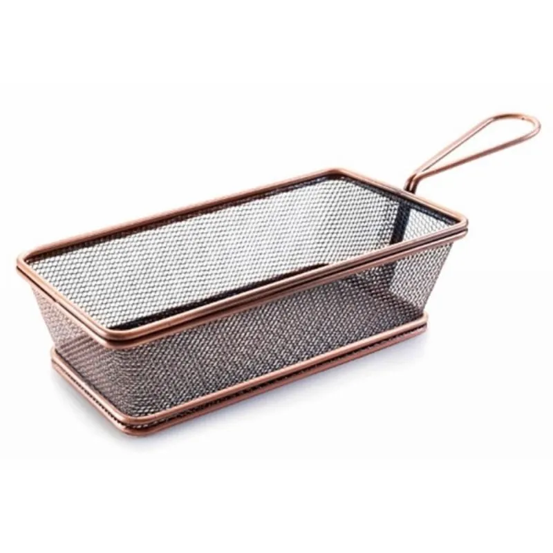 Cesto retangular em aço inoxidável com alça de bronze - 21 x 11 cm