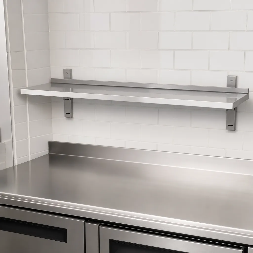 Prateleira de Parede Inox 1600 x 355 mm com Espelho, Aço, Armazenamento Mural para Cozinha Profissional