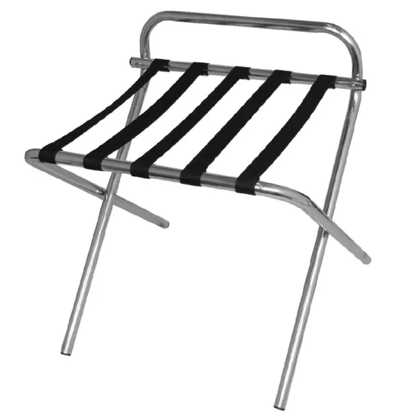 Suporte de bagagem em aço inoxidável com faixas de nylon.
