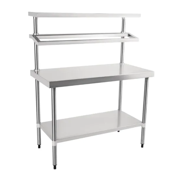 Mesa de preparação em aço inoxidável com suporte para recipientes GN e prateleira - 1200 x 600 mm