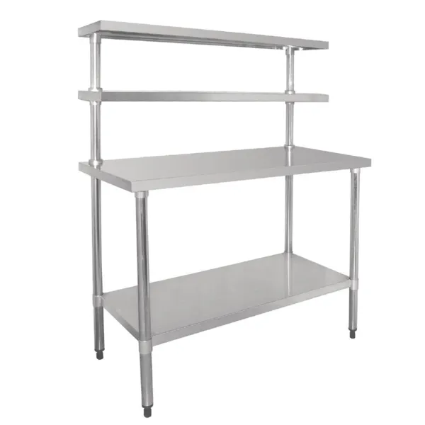 Mesa de Aço Inoxidável com Prateleira e 2 Prateleiras Superiores - 1800 x 600 mm